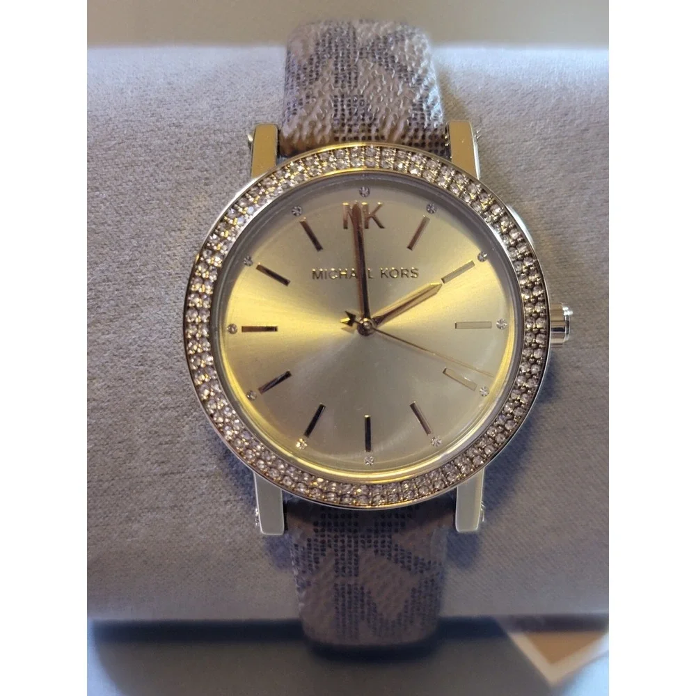 Michael Kors woman's 3 hand watch Corey crystals brown logo band NWT MKO1026